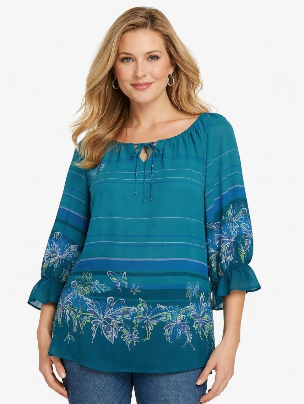 Bob Mackie Teal & Blue Floral Border Peasant Tunic